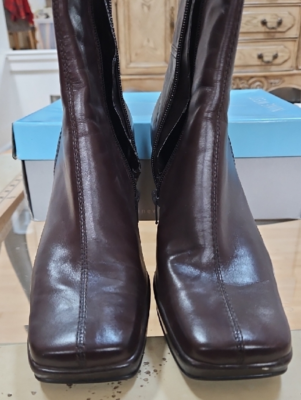 Nine West Dark Brown Square-Toe Leather Ankle Boots - Picture 11 of 12